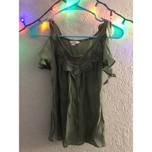 Army green cold shoulder tee with floral sleeves